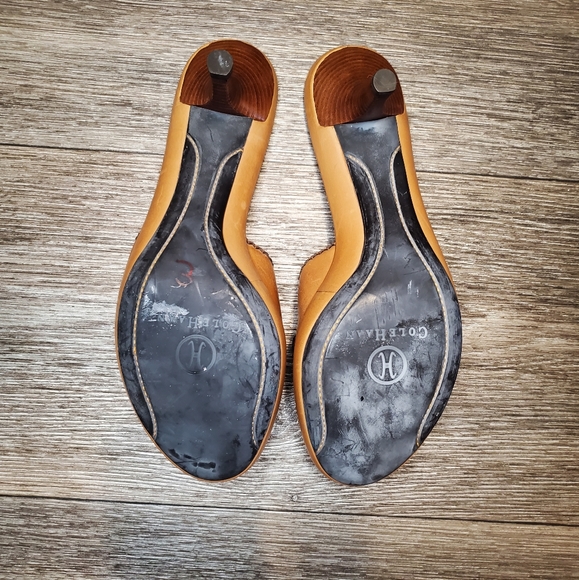 COLE HAAN Brown Leather Opened Toe Heeled Mules with Buckle - Picture 8 of 9